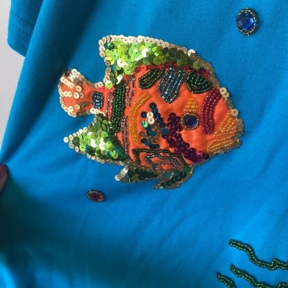 Vintage embroidered bedazzled, retro fish, T-shirt top - Picture 3 of 7